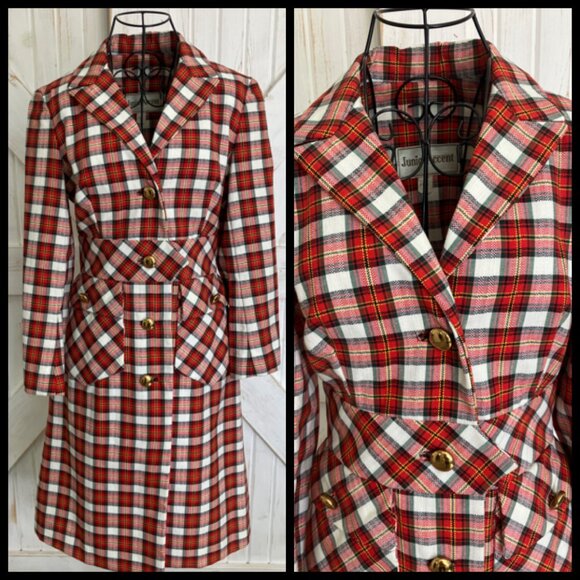60s Vintage Junior Accent Red White Black Tartan Plaid Mod Jacket Skirt Suit Set - Picture 4 of 15